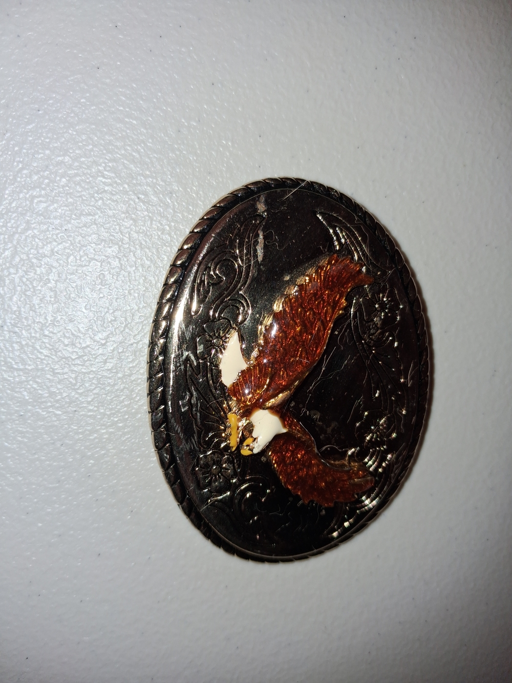 "Vintage Western Belt Buckle, Soaring Eagle, Floral Scroll, Made in USA, 1970s C